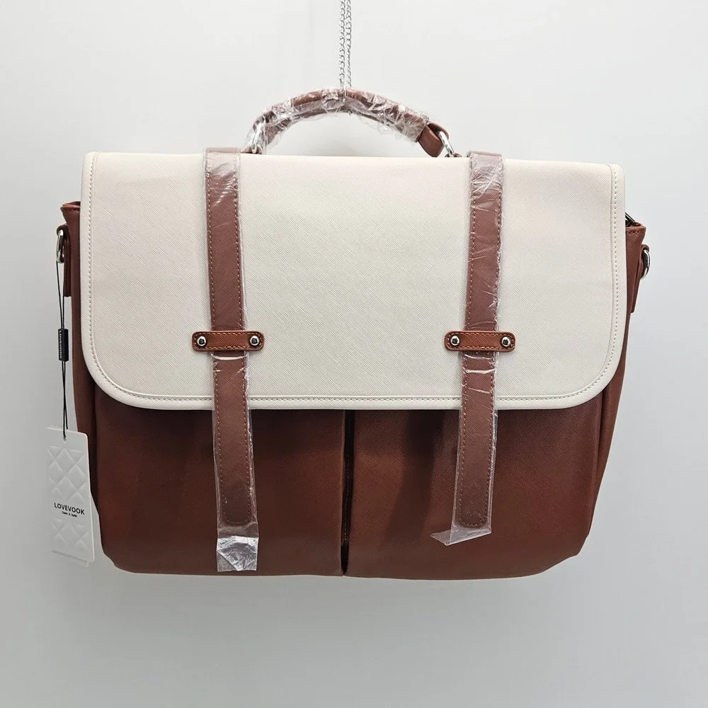 LOVEVOOK Laptop Bag Women Brown Cream Briefcase Messenger PU WB148202LK NEW